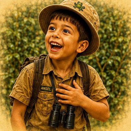 Ansel smiling in his explorer hat with binoculars